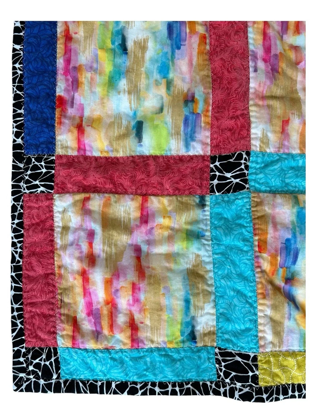 Handmade Colorful Patchwork Quilt with Watercolor Squares and Tie Dye Backside